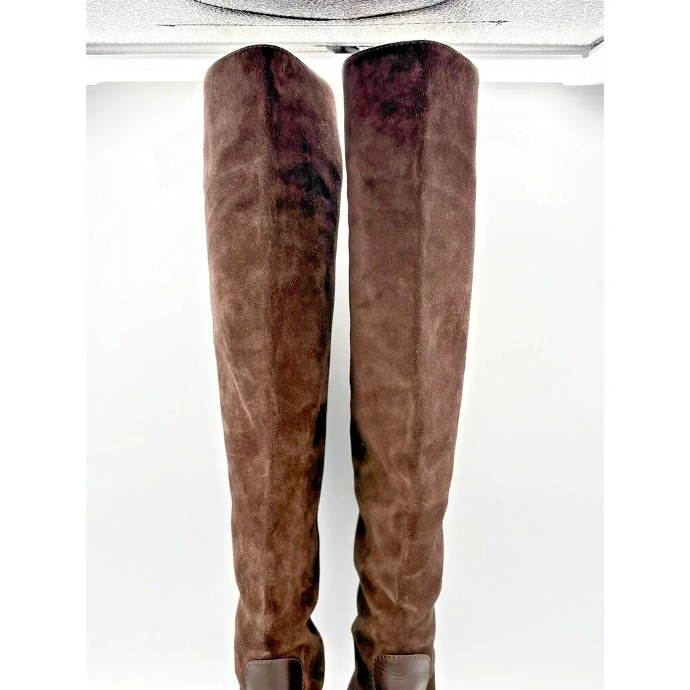 Gucci Brown Suede Knee High Riding Boots w/ Bamboo Accent Heel Size EU 36.5
